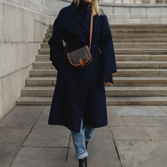 & OTHER STORIES Manteco Relaxed Belted Wool Coat Navy Size US 10 Rare Find! - Picture 7 of 15